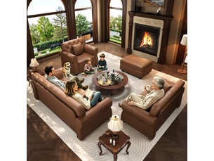 Salon chesterfield 4 places avec pouf en simili cuir marron, 210 cm