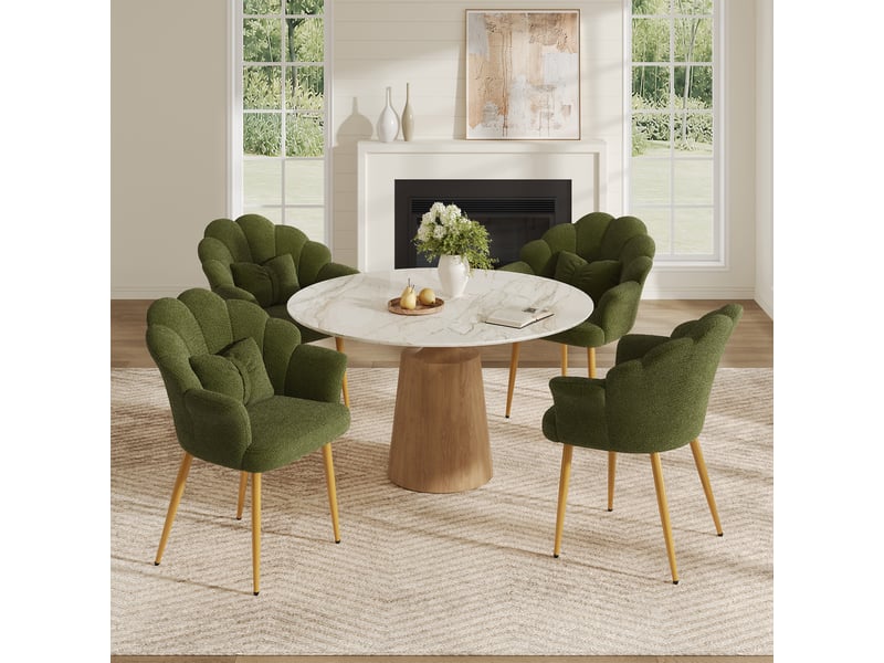 Fauteuil lot de 4 avec accoudoirs, dossier intégré, coussin fleur et assise rembourrée en tissu teddy vert - Conforama B