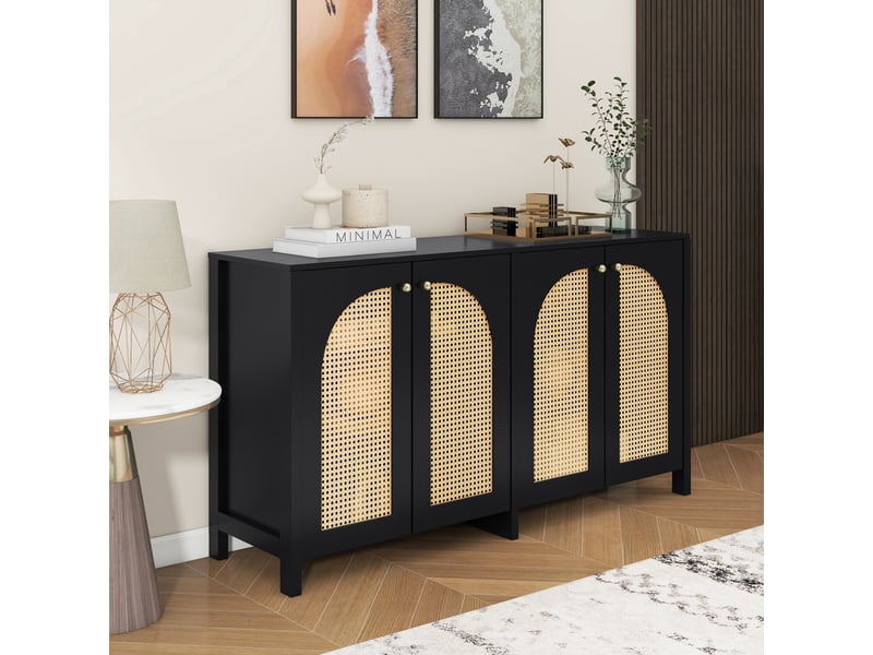  Buffet 4 portes en rotin synthétique avec étagères réglables et poignées métal pour salon en mdf noir  - Conforama C
