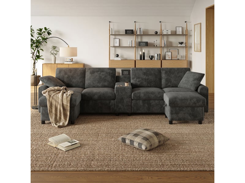  Canapé en u 4 places en velours côtelé gris, canapé d'angle avec coffre de rangement, ports usb et table intégrée pour salon moderne  - Conforama E
