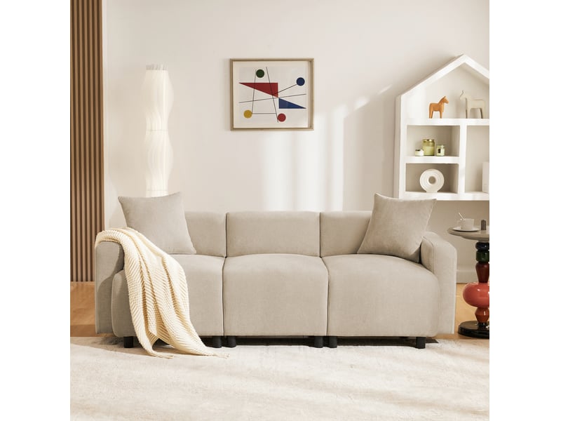 Canapé 3 places modenvie en chenille beige 211 x 67 x 71 cm avec 2 coussins - Conforama D
