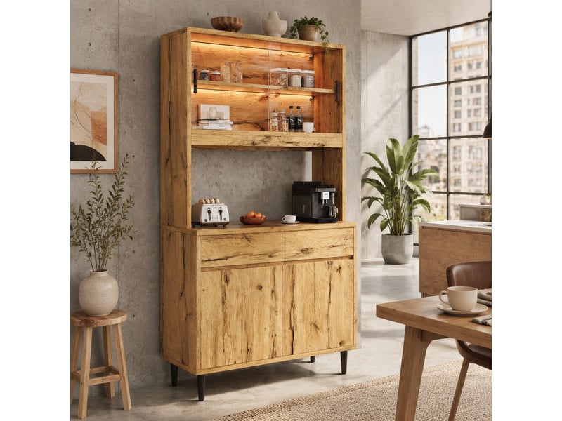  Buffet haut avec 2 portes vitrées, prises, charge usb et led pour salle à manger en panneaux 100×40×185 cm chêne  - Conforama B