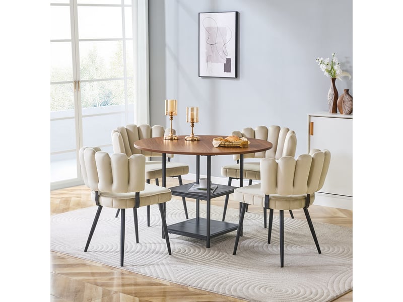 Ensemble table ronde et 4 chaises, table à manger 107 cm avec double rangement, sièges noirs rembourrés, style industriel - Conforama C