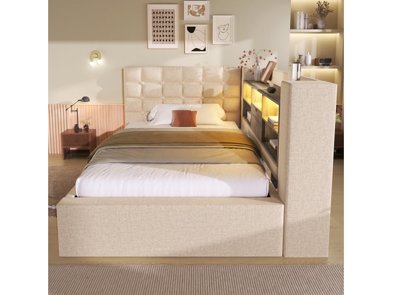 Lit coffre 1 place 90 x 200 cm beige avec tête de lit l, led, ports usb et matelas - Conforama C