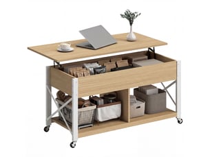 Table basse relevable à roulettes, table de salon avec compartiment caché, étagères ouvertes, bois naturel et blanc