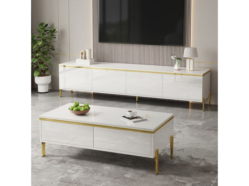  Meuble tv rangement généreux meuble de salon ensemble et table basse finition brillante unie bordures dorées  - Conforama B