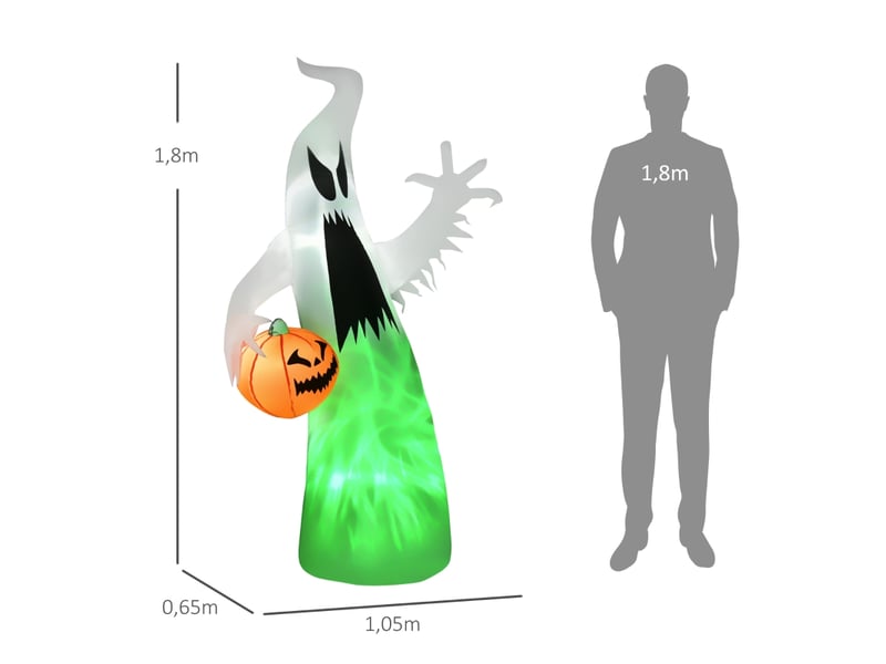  Décoration gonflable fantôme avec citrouille et éclairage led pour jardin et fête d’halloween en polyester blanc 105×65×180 cm  - Conforama D