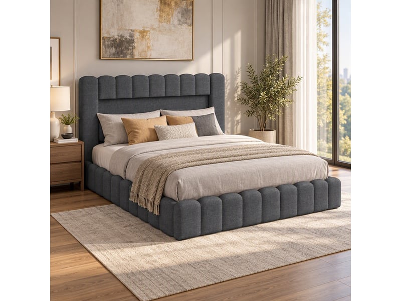 Lit coffre 2 places 180x200 cm, lit adulte avec rangement, compartiment, led, design simple, port usb, tissu lin gris - Conforama C