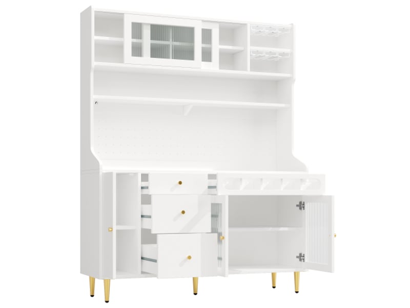 Armoire haute blanche 145×39×171 cm - séjour et salle à manger, led, étagères réglables, porte-bouteilles et tiroir - Conforama E