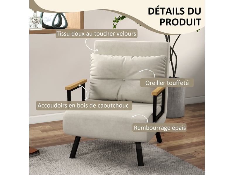  Fauteuil convertible 4 en 1 lit 1 place dossier 5 positions, accoudoirs en bois et coussin, tissu effet velours, crème  - Conforama R