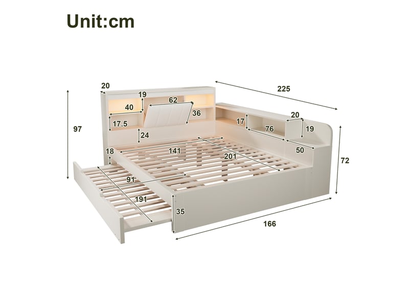  Lit gigogne 140x200 cm avec éclairage de lecture et rangements, bois, blanc, sans matelas  - Conforama C