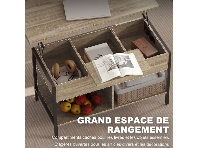  Table basse relevable et extensible, table de salon avec compartiment caché étagères ouvertes, 98x49x55cm, bois naturel  - Conforama E