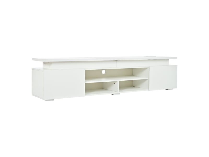 Meuble tv bas 180 x 35 x 42 cm blanc en mdf, éclairage led rgb pilotable par application et commande vocale, minuterie, portes et niches ouvertes - Conforama A