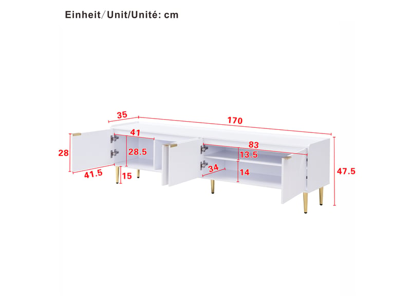  Meuble tv bas 170x35x47,5 cm, design sculptural, poignées et pieds dorés, rangements modulables, structure mdf, blanc  - Conforama C