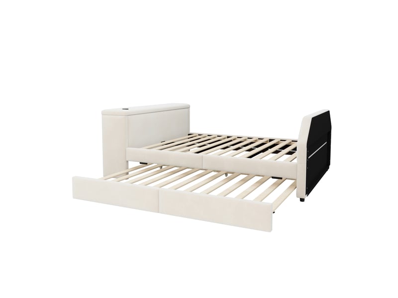 Lit enfant gigogne rembourré 140x200 cm beige avec bureau intégré, usb et lit d’appoint 90x200 cm Fay Lum - Conforama D