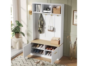 Vestiaire d’entrée, 105 x 40 x 180 cm, avec rangement, avec 4 crochets, avec 2 portes, coloris naturel et blanc, pour maison et appartement