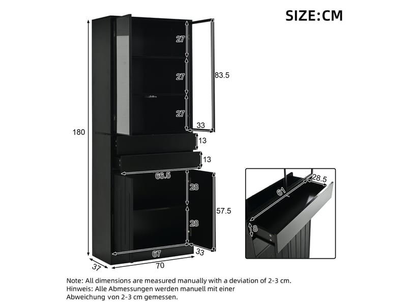  Vitrine led 70x34x180 cm avec 2 tiroirs panneau de particules noir  - Conforama E