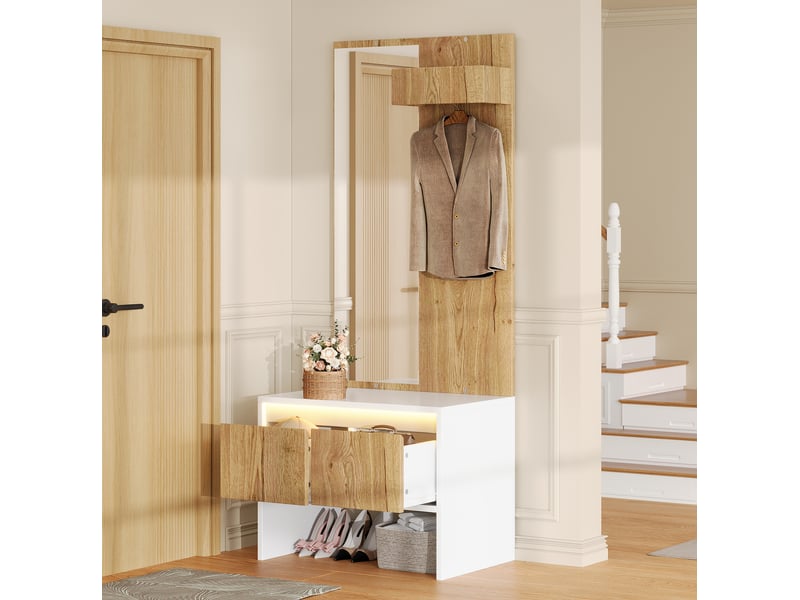  Meubles d'entrée avec miroir, porte-manteaux, banc à chaussures et 2 tiroirs pour entrée blanc naturel 60 × 38 × 145 cm  - Conforama E