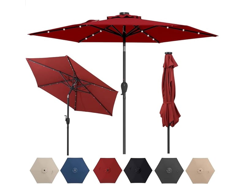  Parasol de jardin extérieur ø 230 cm, parasol inclinable lumineux solaire,bouton-poussoir,manivelle,toit ventilé,cadre en métal (230x230x225cm,rouge)  - Conforama A
