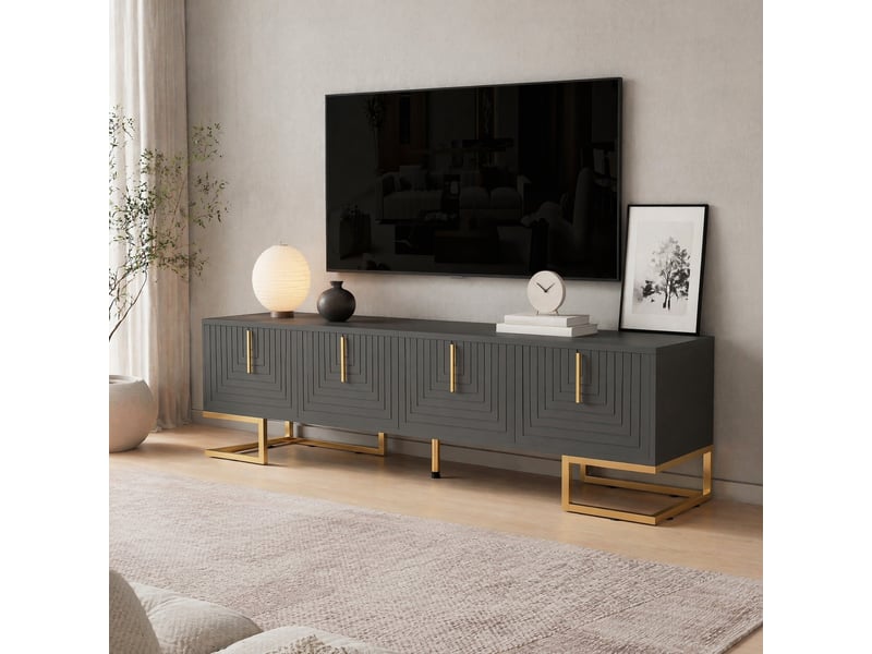  Meuble tv avec 4 portes, charnières amorties et pieds réglables, en panneaux de particules gris noir 170×40×45,5 cm  - Conforama B
