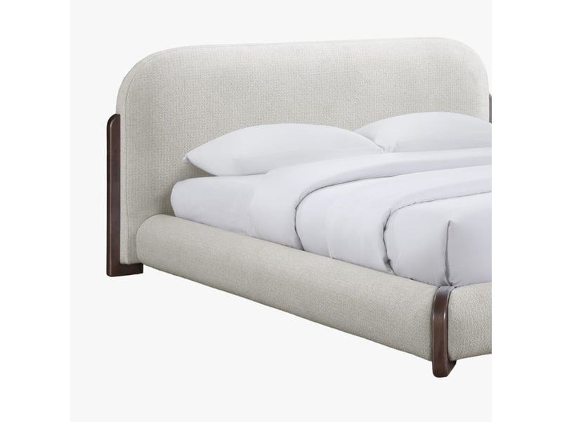  Lit double en tissu beige et bois foncé 160x200 cm  - Conforama E