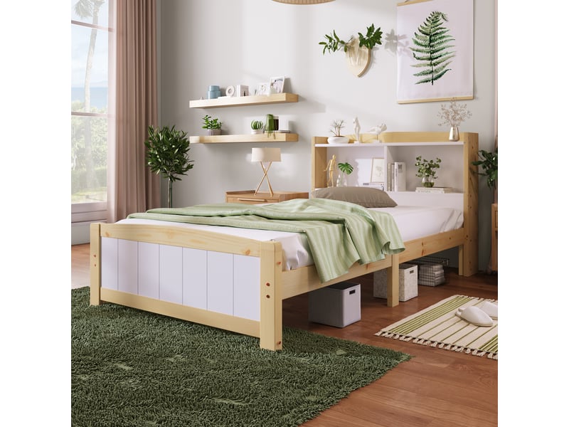  Lit enfant en bois massif 90x200cm avec matelas, cadre de lit avec sommier à lattes en pin, naturel et blanc, lit 1 personne  - Conforama C