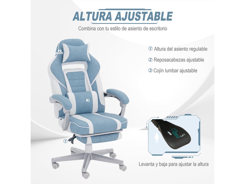  Fauteuil de jeu inclinable avec hauteur réglable, repose-pieds rétractable, soutien lombaire et appui-tête amovible - bleu  - Conforama E