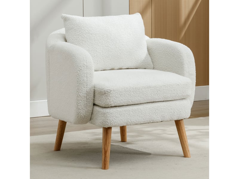  Fauteuil en teddy avec coussin dorsal et assise épaisse, cadre en bois massif pour salon, blanc  - Conforama B