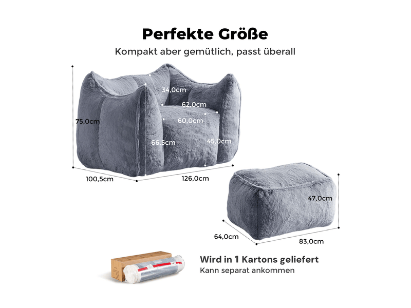  Fauteuil avec pouf assorti, assise en mousse et forme arrondie pour salon, en fausse fourrure grise  - Conforama D