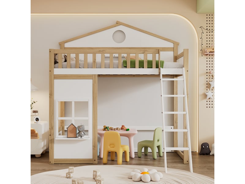 Lit superposé cabane 90x200 cm - bois blanc et naturel - toit, escalier et sécurité enfant - Conforama D