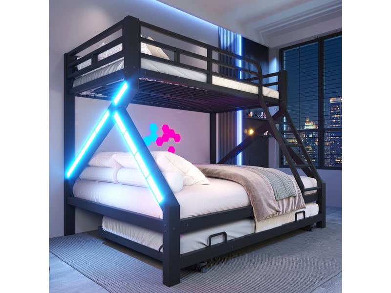  Lit superposé enfant 34 places 90140×200 cm lit simple lit double en métal avec lit gigogne 90×190 bandes led barrières, noir  - Conforama C