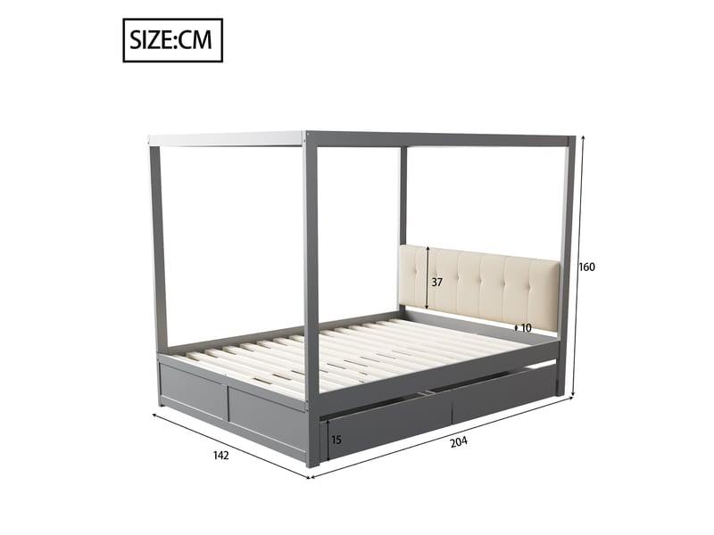 Lit cabane 140x200 gris, lit en bois avec grands tiroirs et dossier rembourré, structure robuste pour chambre d'enfant ou d'adolescent. - Conforama R