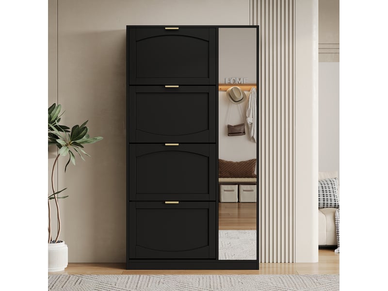  Meuble à chaussures 80x24x147 cm avec miroir, 4 compartiments basculants, panneau de particules, noir  - Conforama B