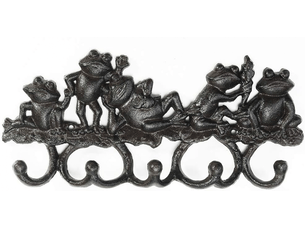 Crochet mural en fonte en forme d'animal – porte-clés décoratif rustique avec 5 crochets, joli cintre en forme de grenouille – organiseur vintage, noir