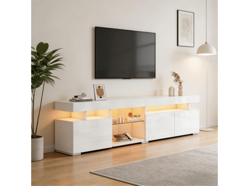  Meuble tv 180x35x45cm - meuble bas brillant avec 3 portes, étagères réglables en verre trempé, pour tv jusqu’à 80pouces, panneau de particules - blanc  - Conforama D