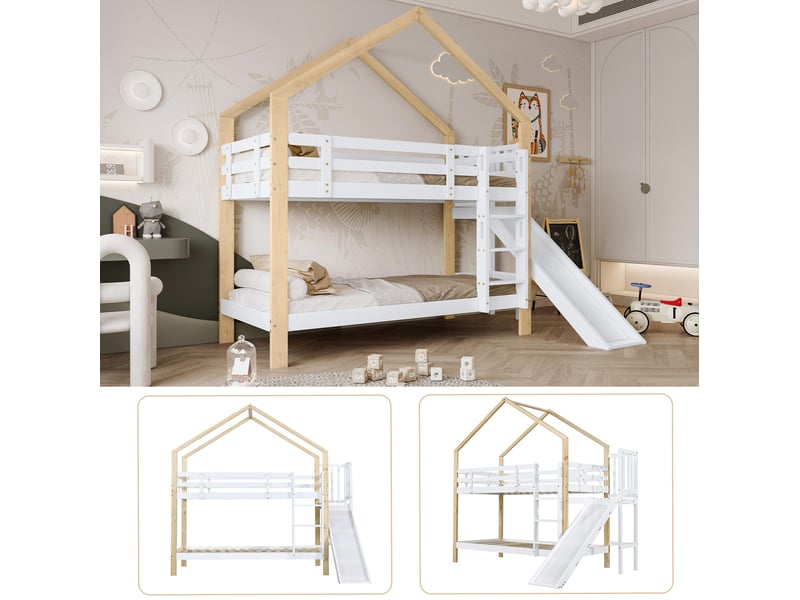  Lit superposé enfant 90x200 cm avec toboggan, échelle et maison, blanc et naturel  - Conforama D