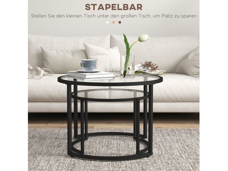  Tables basses gigognes rondes 2 pièces avec plateaux en verre trempé et structure en acier noir pour salon moderne  - Conforama D