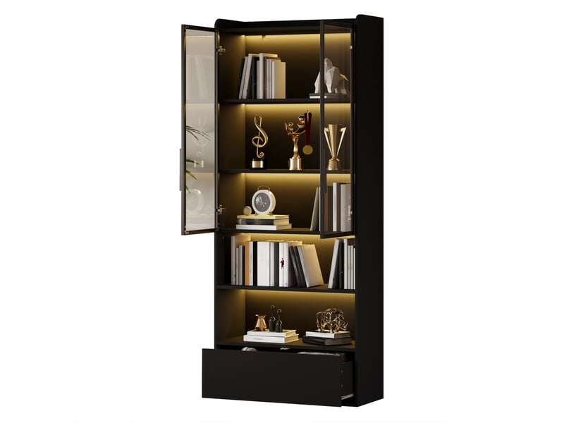 Vitrine 80x34x180 cm, led, espace de rangement, porte en verre, 1 tiroirs, bibliothèque, salon, en verre et mdf, noir - Conforama A
