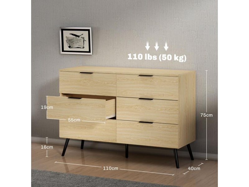  Commode 6 tiroirs commode moderne pour chambre à coucher avec design anti-basculement 110l x 40l x 75h cm aspect bois  - Conforama C