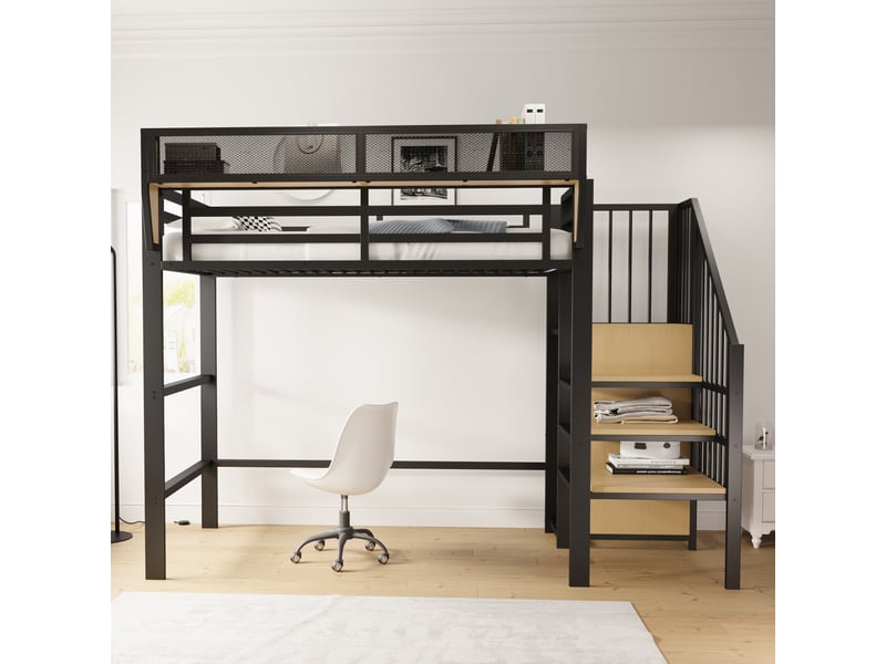  Lit mezzanine 90x200cm - lit single en métal avec espace de rangement, led rgb, hampe de penderie et tiroir en tissu - noir  - Conforama C
