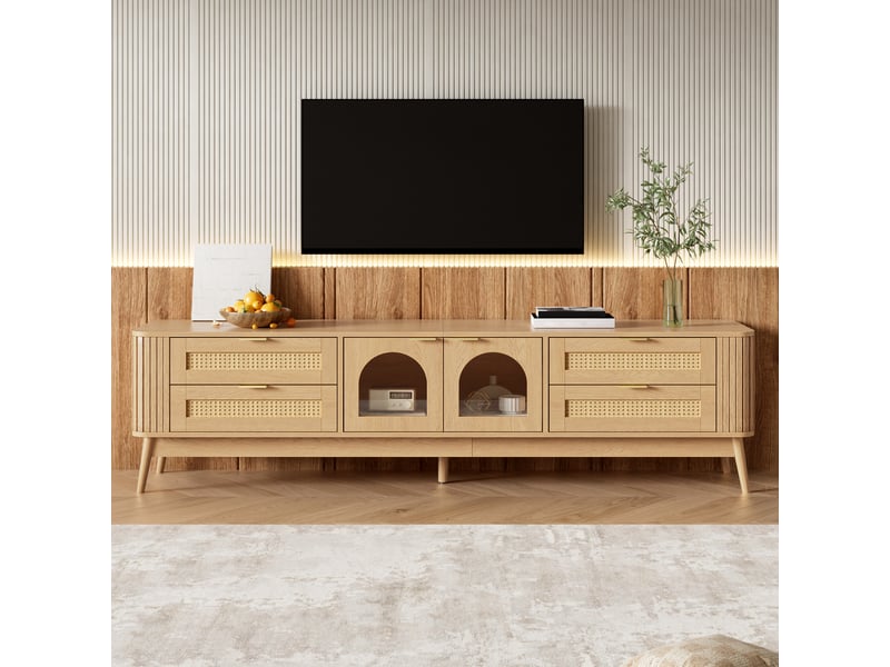  Meuble tv 180 cm avec led, 4 tiroirs en rotin, 2 portes cintrées en verre trempé, poignées métal, pieds en bois massif, naturel Sol Morn - Conforama B