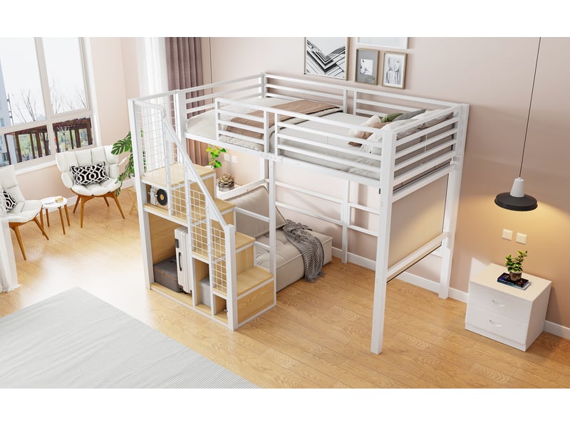  Lit mezzanine 90 x 200 cm avec escalier sécurisé, étagère et penderie, métal et mdf, blanc  - Conforama D