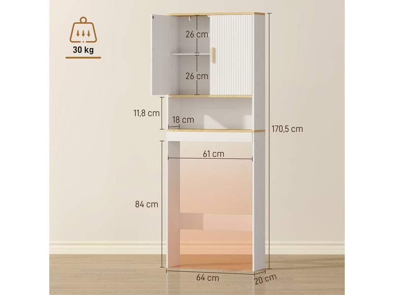  Étagère de salle de bain à 3 niveaux à poser au-dessus des toilettes, avec étagère ouverte, 2 portes et étagère réglable, 64 x 20 x 170,5 cm, blanche  - Conforama E
