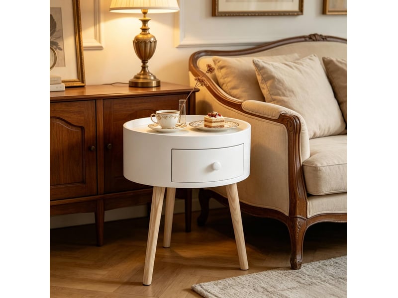  Table de chevet ronde avec tiroir, blanc et bois clair, 38 x 38 x 45 cm  - Conforama C
