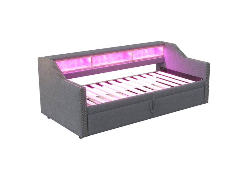  Lit banquette extensible 90/180x200 cm gris foncé, rangements, led, usb et sommier à lattes  - Conforama D