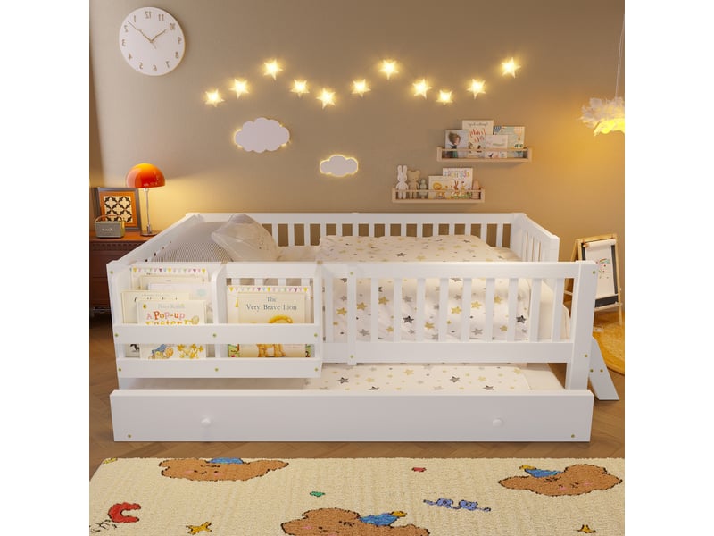  Lit plateforme 90x200 cm avec lit gigogne, garde-corps, échelle et étagère réversibles, style scandinave, bois massif et mdf, blanc OMNIGLINT TRADING LTD - Conforama C