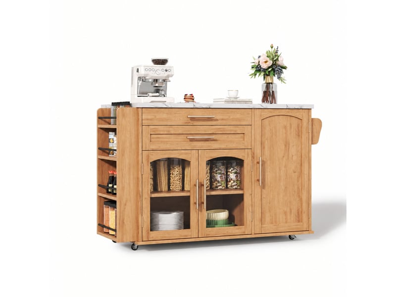  Îlot central de cuisine avec plan rabattable, 5 roulettes, rangements, 138 x 70 x 90 cm, bois naturel  - Conforama A