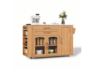 Îlot central de cuisine avec plan rabattable, 5 roulettes, rangements, 138 x 70 x 90 cm, bois naturel