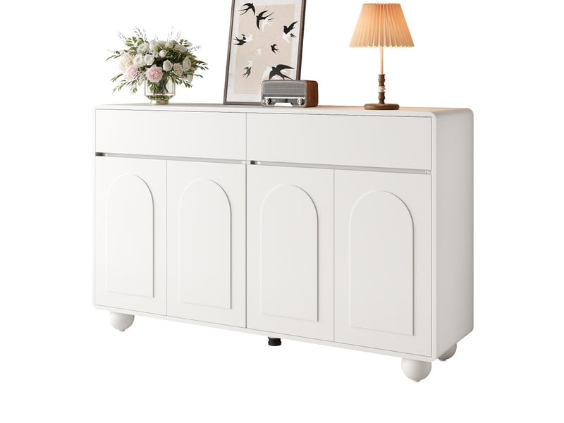  Buffet de salon à portes incurvées, meuble de rangement moderne en aggloméré et mdf, pieds ronds en métal, blanc  - Conforama A