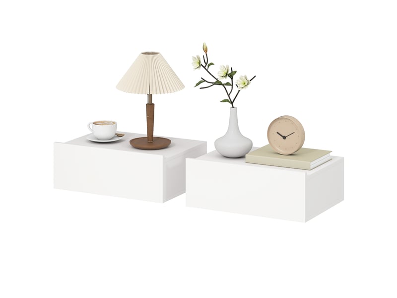  Ensemble de 2 tables de chevet suspendues modernes avec tiroir en bois, 40 x 30 x 15 cm, blanches  - Conforama B
